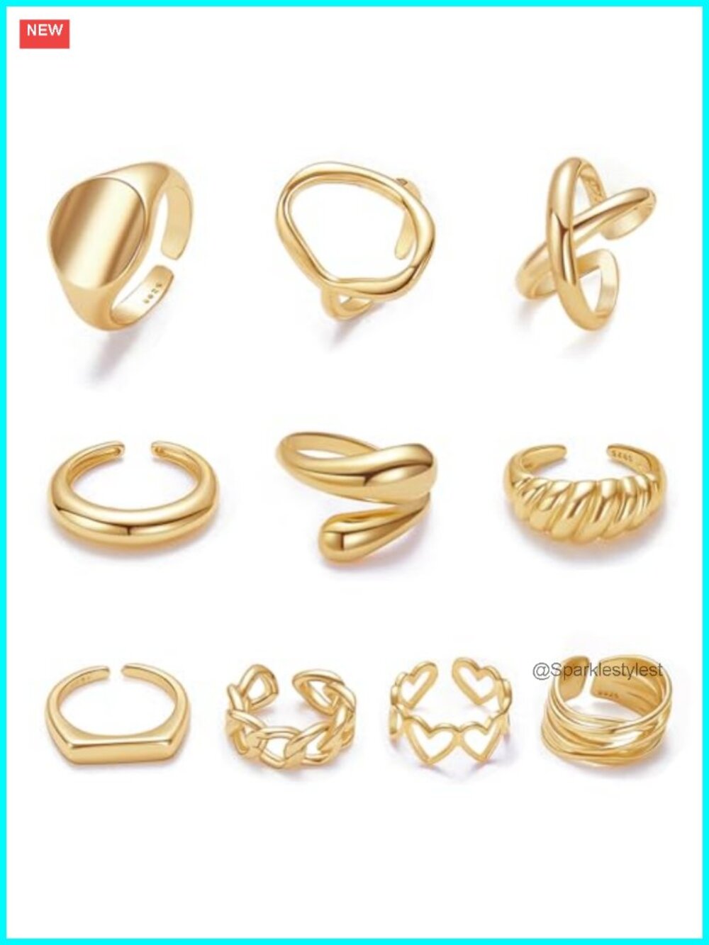 10pc 18K Gold Plated Chunky Dome Rings Set Adjustable Open Band